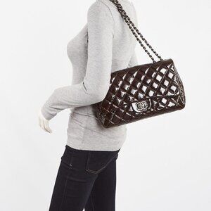 Chanel Dark Brown Quilted Patent Leather Classic Jumbo Single Flap Bag